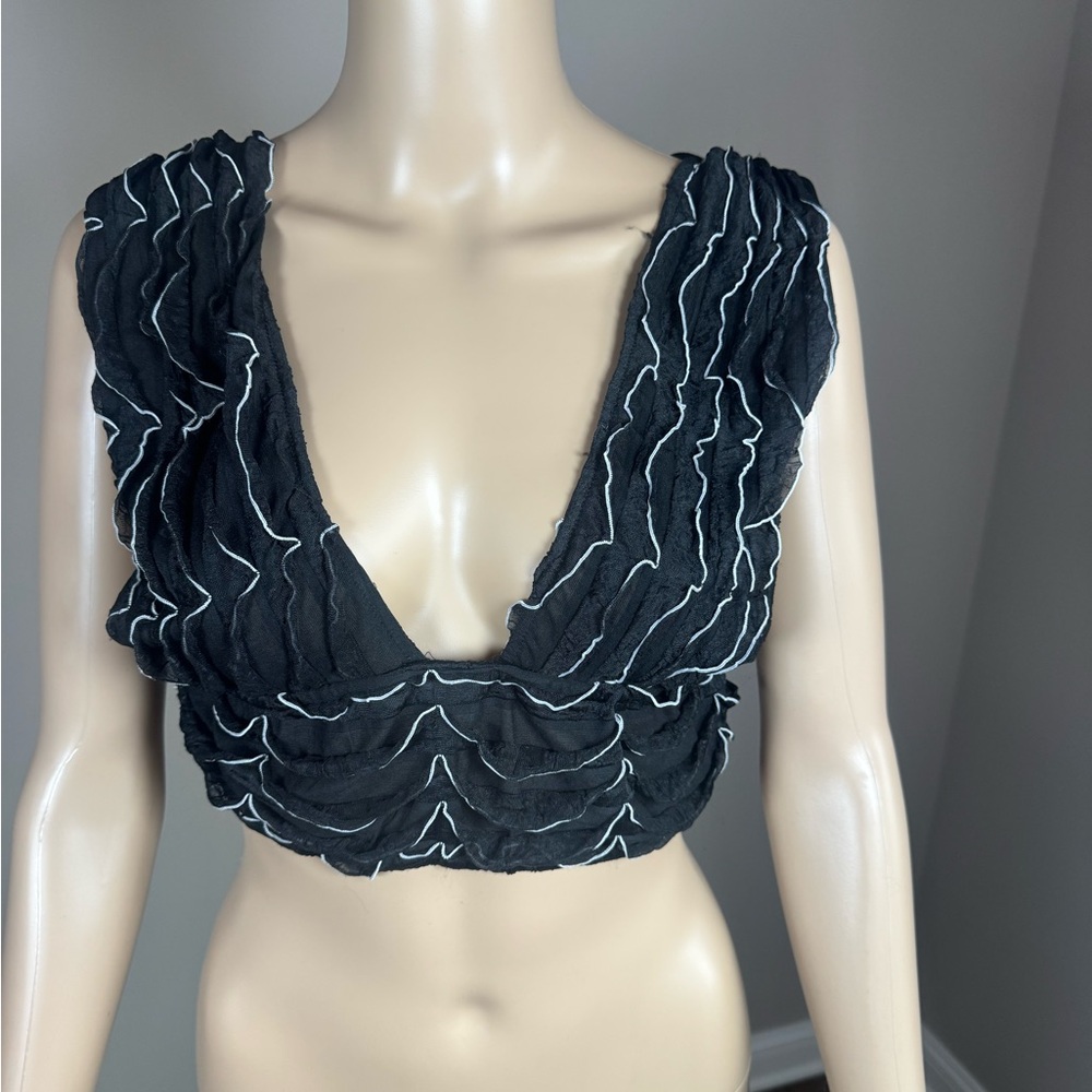 AKIRA Black Ruffle Crop Top Tie Shoulder Sheer Festival Boho Top